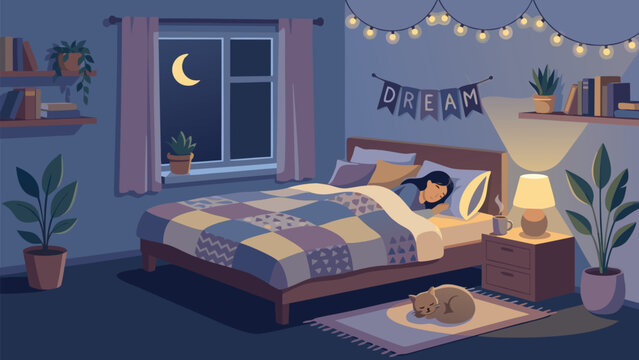 Cozy Bedroom Interior at Night with a Woman Sleeping Peacefully in Bed and a Cat on the Rug; Flat Vector Illustration of a Relaxing Room with Crescent Moon, Stars, Fairy Lights, and Home Decor.