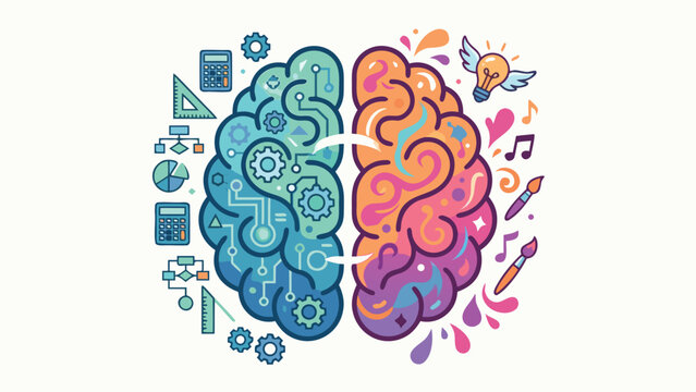 Colorful vector illustration of a human brain depicting the contrast between logic and creativity. Left hemisphere features gears and math symbols, while the right side shows art and music icons.