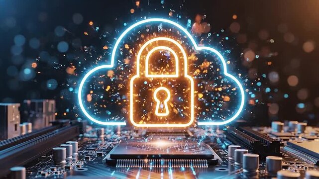 Cloud security lock icon glowing over a circuit board, showing data protection, privacy, encryption, secure access, and cyber risk prevention