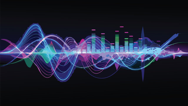 Abstract Sound Wave Background with Music and Audio Equalizer Visualization. Neon Glowing Waves and Digital Signal Bars on Black Background. Vibrant Electronic Music Concept Vector Art Graphic.