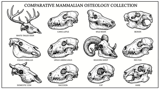 A detailed comparative collection of mammalian osteology, showcasing twelve different animal skulls with their scientific names, rendered in an illustrative style.