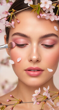 Young woman applying pink eyeshadow with brush. Spring beauty concept with cherry blossoms and falling petals