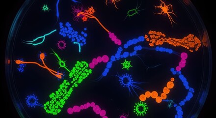 Fototapeta premium Vibrant microscopic view of colorful glowing bacteria and viral structures inside a laboratory petri dish under intense ultraviolet light, cells, disease, ultraviolet