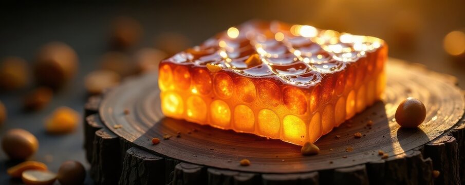 Dark amber honeycomb slice, rich texture, visible cells, amber, detail, dark