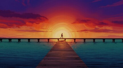 Obraz premium One person walks on a wooden pier over calm blue water during a vibrant sunset. Colorful clouds fill the sky. The scene conveys a sense of peace and solitude.