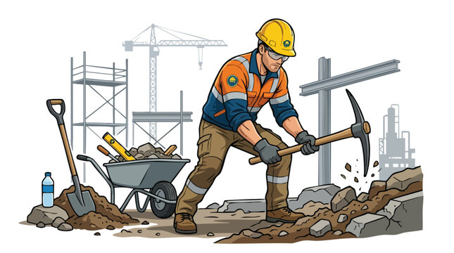 Construction worker vector illustration digging with a pickaxe on a building site with scaffolding and tools