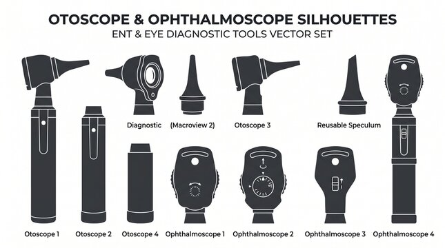 Otoscope and ophthalmoscope medical diagnostic tool silhouettes with otoscope