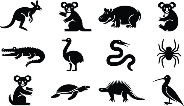 Black and white australian animals vector icons set Vector