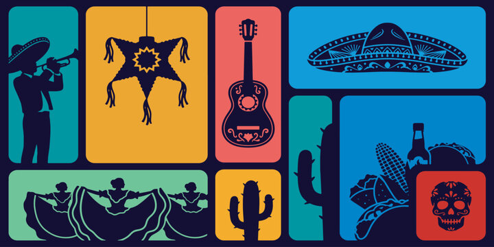 Colorful Mexican culture icons arranged in a grid pattern.