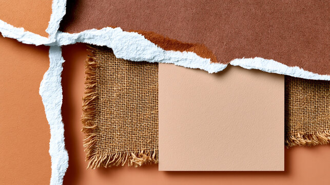 Layered recycled paper, coarse linen textile and matte ceramic tile in radiant earth clay tones with natural textures, copy space