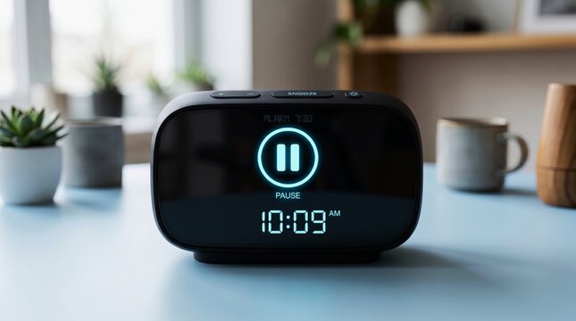 Black alarm clock with pause button on a blue table with plants