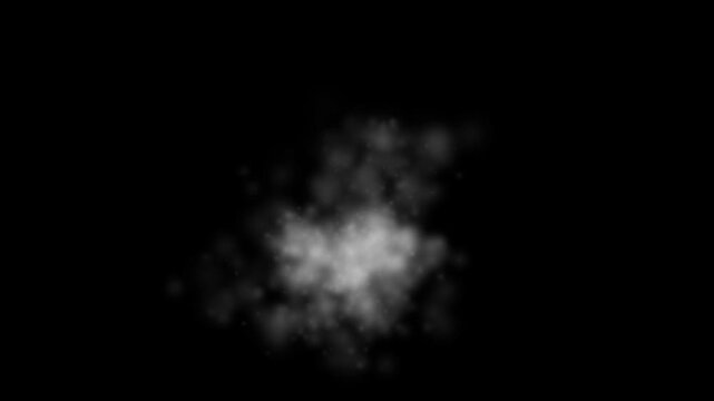 Realistic rising smoke plume animation on black background, cinematic steam burst loop for video editing, Isolated white smoke puff expanding upward, atmospheric vapor dust explosion 4K motion graphic