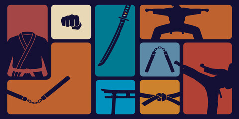 Martial arts vector illustration with karate symbols in a grid. © Riki