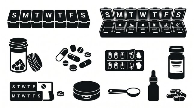 Pill organizers and medications collection with medication vitamins pharmacy