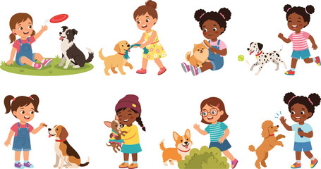 Cute Little Girls Playing with Diverse Dog Breeds Cartoon Character Set for Children Book Illustrations, Pet Care, Domestic Animal, and Friendship Graphic Designs