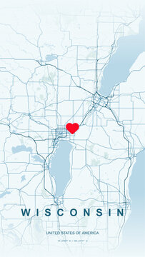 Modern minimalist vector map of Wisconsin, USA. High-quality scalable illustration of Wisconsin state borders, Lake Michigan, Superior shorelines, Milwaukee city grid peninsula for posters and design.