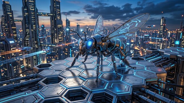 Cybernetic bee robot standing on honeycomb platform in futuristic cityscape at dusk