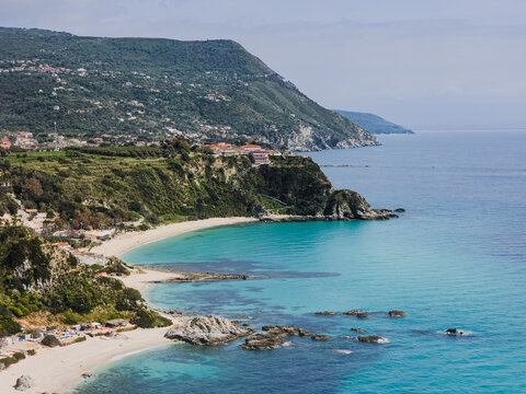 Scenic coastline with turquoise sea, sandy beaches and coastal cliffs in Capo Vaticano, Calabria, southern Italy.