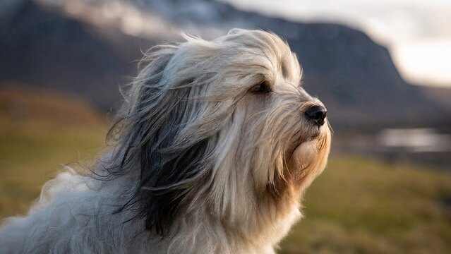 Tibetan terrier dog with a fluffy coat in a gentle breeze.