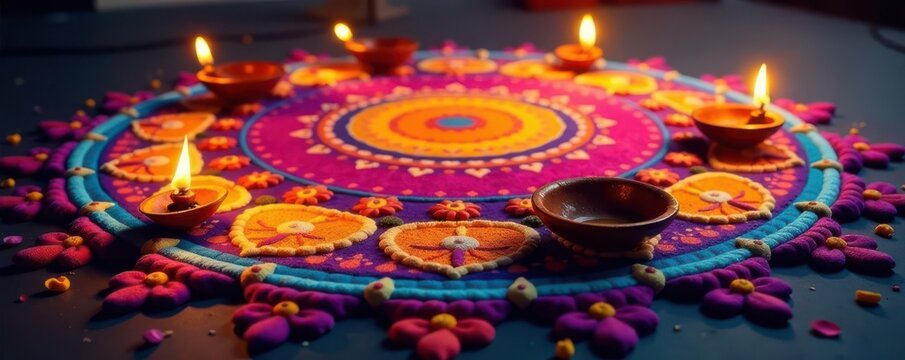 Vibrant Diwali rangoli pattern with ornate lamps and floral motifs , festive, bright, floral pattern