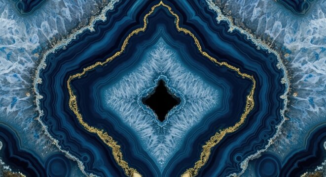 Abstract Blue Agate Slice with Gold Veins Kaleidoscope Pattern.