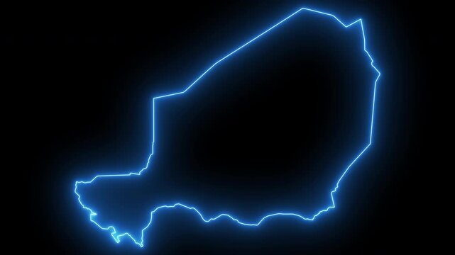 Glowing neon outline map of niger animation on black background, country