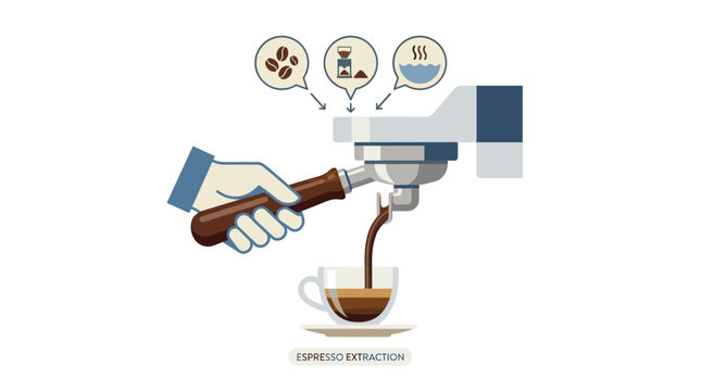 An instructional espresso extraction graphic features icons for coffee beans and hot water while a hand holds the portafilter over a clear glass cup.