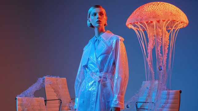 Surreal jellyfish fashion editorial with bioluminescent glow and office chairs