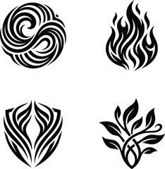 Fototapeta premium A selection of stylized minimalist elemental icons featuring water fire shield and nature leaf symbols illustration.