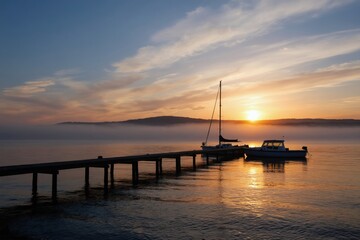 Obraz premium Wooden pier with docked boats on calm water. Sunrise paints sky orange and blue with clouds. Fog rests on distant hills. Tranquil morning seascape.