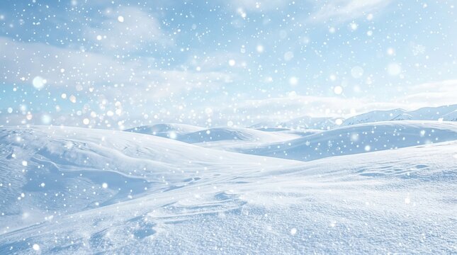 Snowy Landscape with Falling Snowflakes and Rolling Hills