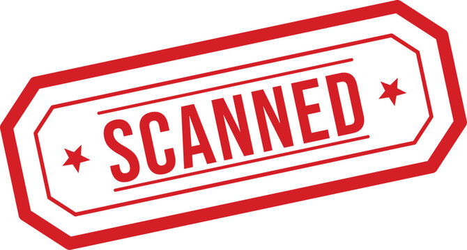 A crisp red stamp with the word SCANNED, symbolizing digital conversion of a document on a white surface