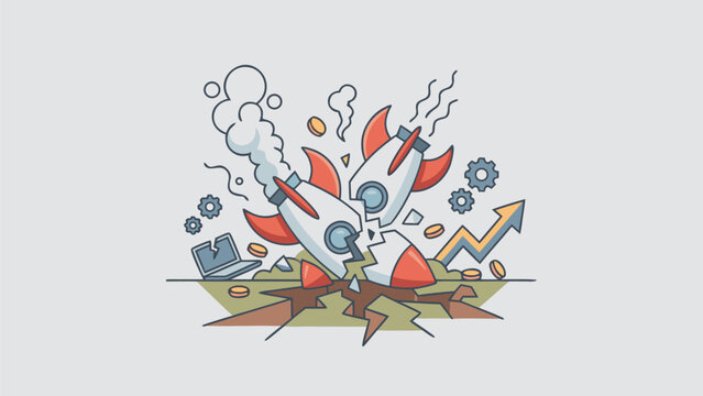 Stylized rocket ship crashing into the ground with smoke, gears, and coins, representing business startup failure, financial crash, project collapse, economic crisis, and failed mission concept.