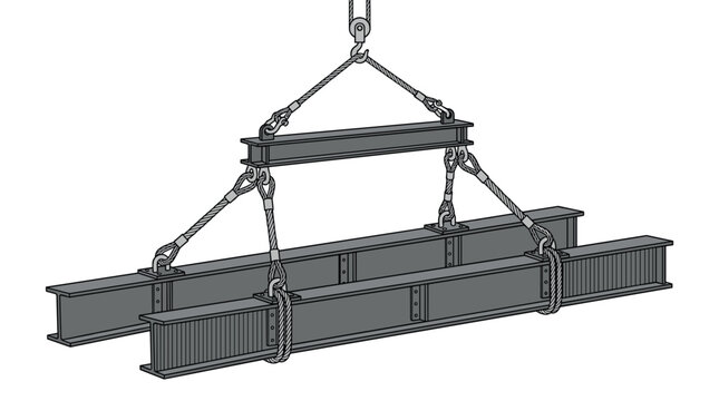 An intricate steel rigging assembly supports two heavy-duty industrial beams using a balanced spreader bar mechanism for safe lifting in a modern construction setting.