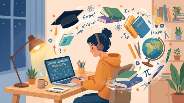 Online Learning and E-Education Concept with Female Student Studying on Laptop