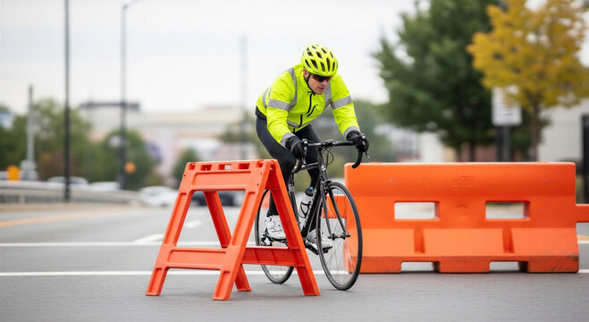 Cyclist in reflective gear navigating around detour barrier on street  