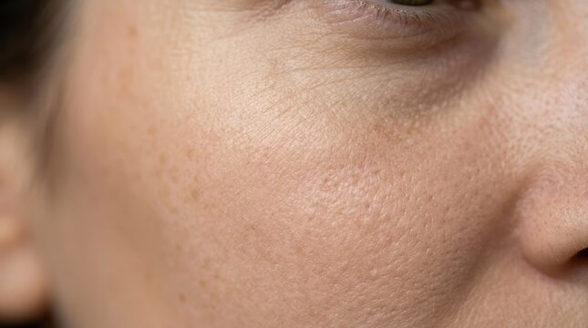 Close-up of a woman's face with freckles and skin texture