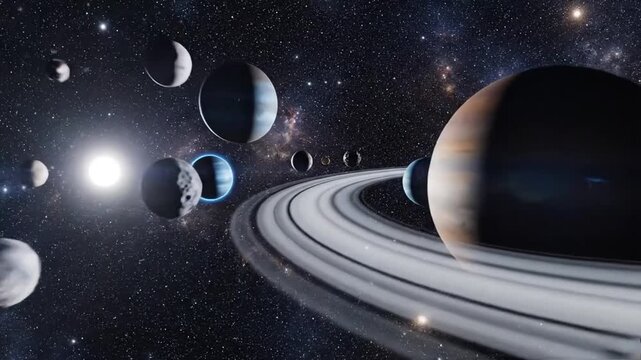 A glowing blue planet orbits within a vast outer space system where a distant sun illuminates a swirling nebula and a galaxy of shimmering stars across the dark cosmic universe