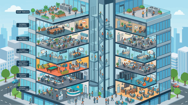 Modern Office Corporate Building Isometric Cross Section Showing Multi Floor Workspace Layout