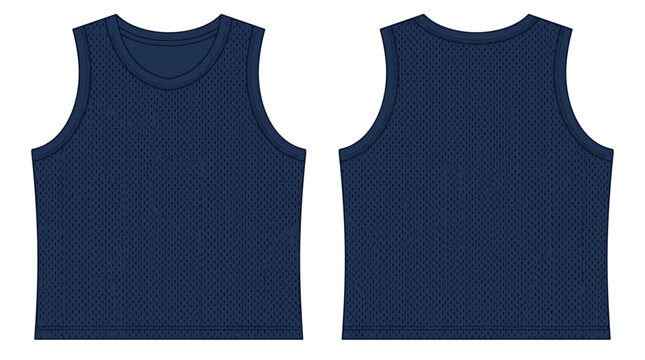 Dark navy blue sleeveless athletic mesh shirt shown from front and back views with ribbed hem detail.