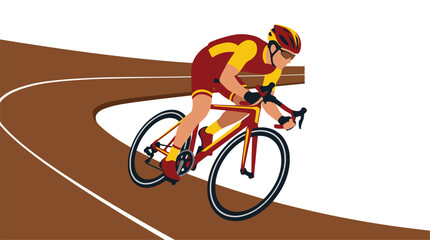 Fototapeta premium Professional cyclist in red and yellow racing gear on a bicycle speeding around a curved track with a white background.