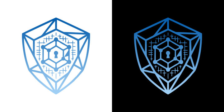 Cybersecurity shield icon with a lock and network grid on white and black backgrounds