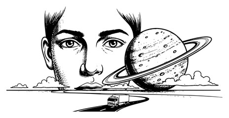 Surreal landscape featuring a female face next to planet Saturn and a truck on the road in vintage engraving style © Camel
