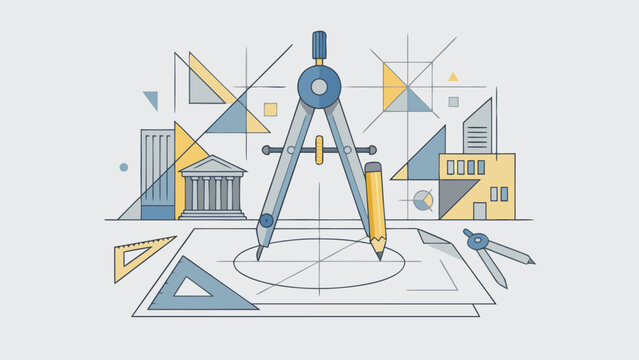 Flat Vector Illustration of Architectural Design and Geometry Concept Featuring a Large Compass Drawing a Circle on a Blueprint with Set Squares, Rulers, and Stylized Buildings for Engineering.