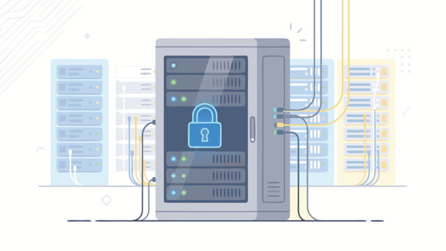 Secure Server Rack with Glowing Blue Lock Icon in Data Center, Representing Cybersecurity, Cloud Storage Protection, Information Technology Infrastructure Safety, and Digital Data Privacy Concept