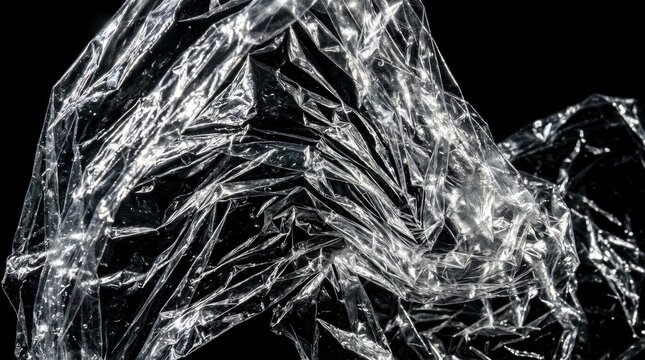 Closeup of crumpled transparent plastic sheet with reflective surface