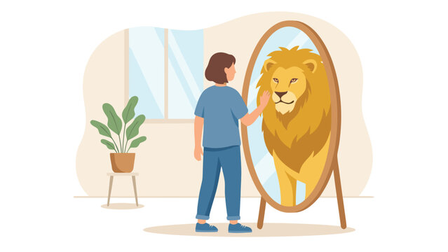 Woman looking in a mirror seeing a lion reflection representing self-confidence, inner strength, and courage. Concept of personal growth, empowerment, and bravery in flat vector style.