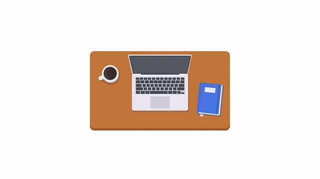 Workspace desk setup with laptop smartphone coffee cup and book for productivity planning, vector flat 2d illustration isolated on transparent background with alpha channel