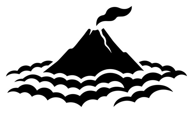 Smoking volcano mountain peak emerging from thick layers of clouds or waves in flat graphic silhouette style