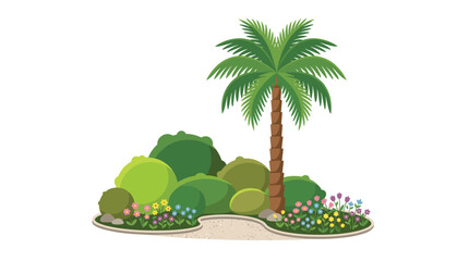 Fototapeta premium A solitary palm tree stands surrounded by lush green shrubs and diverse floral arrangements nestled on a light gray gravel garden path against a clean white background.